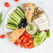 breakfast in a lactose-free box diet - quiche with chicken, beans and olives, vegetable sticks with dill dip, salad with cherry tomatoes